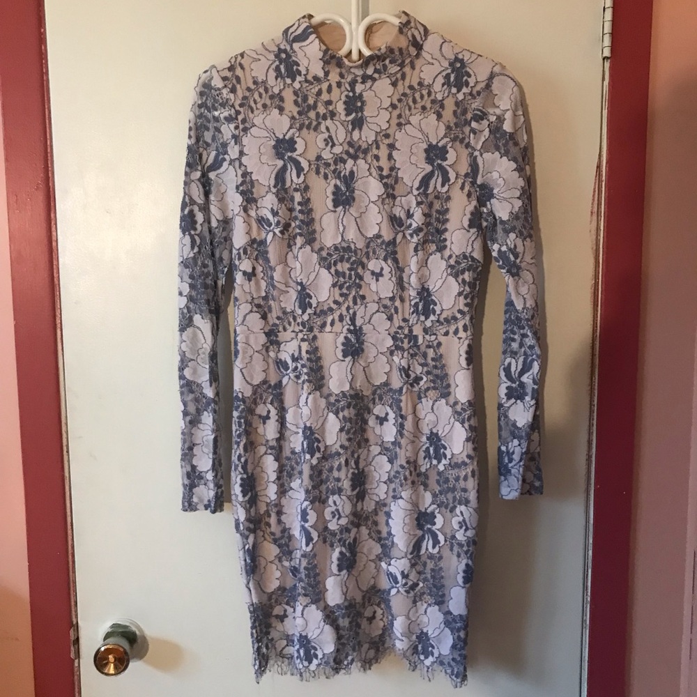 Floral Lace Long Sleeve Dress - Blue and White
